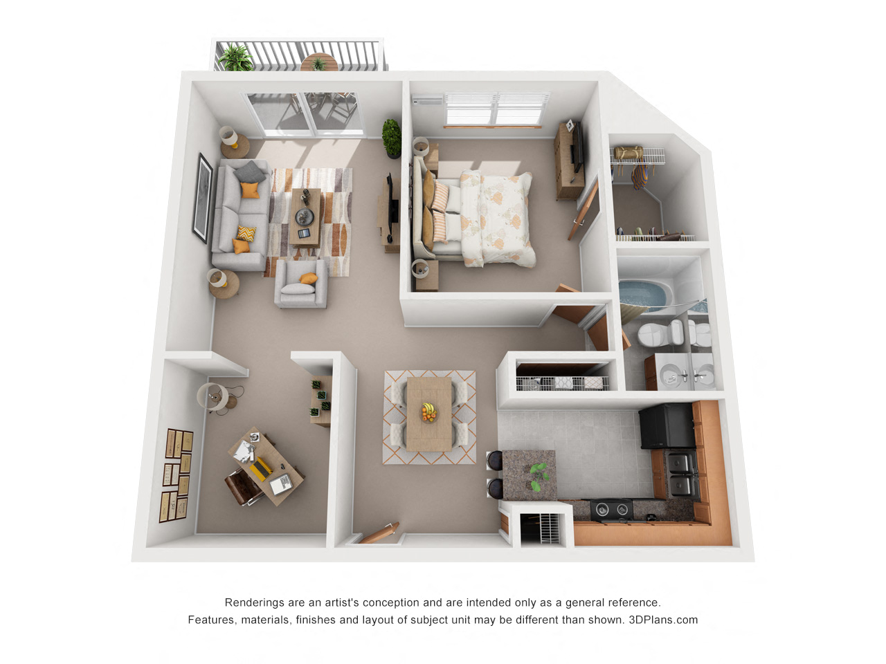 Floor plan for 1 bed, 1 bath, 842 sqft